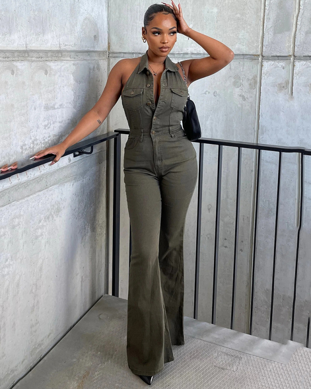 Trendy Women Halter Neck Jeans Pocket Jumpsuits Pink Army Green S-2XL