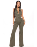 Trendy Women Halter Neck Jeans Pocket Jumpsuits Pink Army Green S-2XL