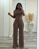 Women Short Sleeve T-shirt Solid Color High Waist Wide Leg Pants Sets Two Pieces Outfit S-XL