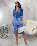 Women Long Sleeve High Slit Sexy Skirt Sets Two Pieces Outfit S-2XL