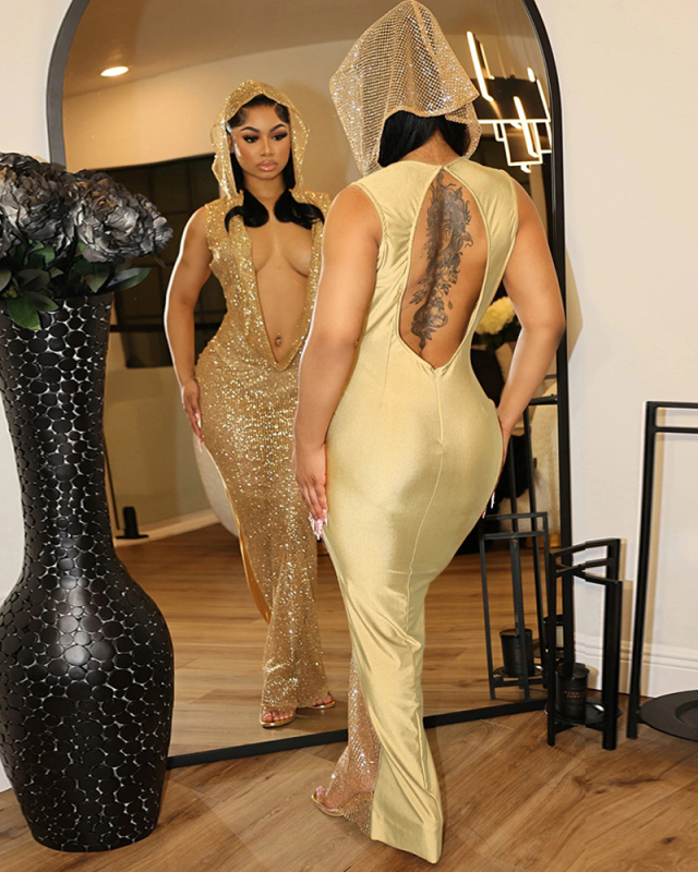 Women Deep V Neck See Through Shining Maxi Evening Dress S-2XL