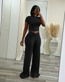 Women Short Sleeve T-shirt Solid Color High Waist Wide Leg Pants Sets Two Pieces Outfit S-XL