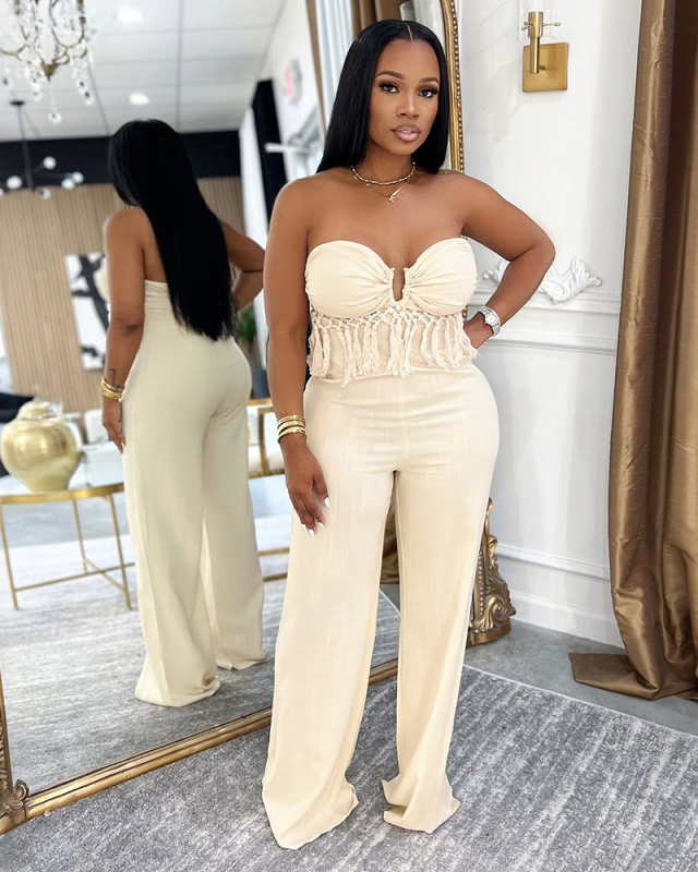 Women Strapless Ruch Jumpsuits Green Apricot S-2XL