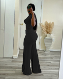 Women Short Sleeve T-shirt Solid Color High Waist Wide Leg Pants Sets Two Pieces Outfit S-XL