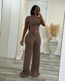 Women Short Sleeve T-shirt Solid Color High Waist Wide Leg Pants Sets Two Pieces Outfit S-XL