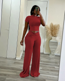Women Short Sleeve T-shirt Solid Color High Waist Wide Leg Pants Sets Two Pieces Outfit S-XL