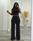 Women Short Sleeve T-shirt Solid Color High Waist Wide Leg Pants Sets Two Pieces Outfit S-XL
