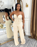 Women Strapless Ruch Jumpsuits Green Apricot S-2XL