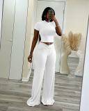 Women Short Sleeve T-shirt Solid Color High Waist Wide Leg Pants Sets Two Pieces Outfit S-XL