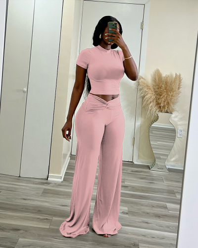 Women Short Sleeve T-shirt Solid Color High Waist Wide Leg Pants Sets Two Pieces Outfit S-XL