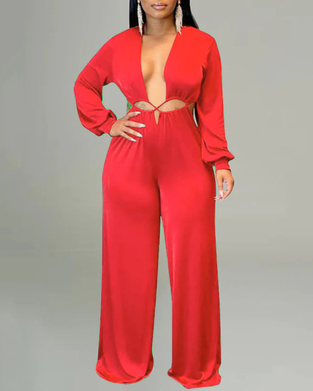 Women Long Sleeve V Neck Strappy Jumpsuits Red S-2XL