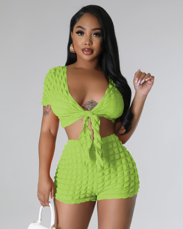 Women V Neck Fashion Short Sets Two Pieces Outfit S-XL