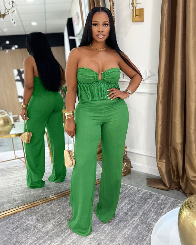 Women Strapless Ruch Jumpsuits Green Apricot S-2XL