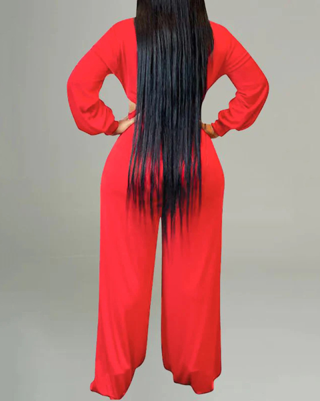 Women Long Sleeve V Neck Strappy Jumpsuits Red S-2XL