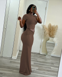 Women Short Sleeve T-shirt Solid Color High Waist Wide Leg Pants Sets Two Pieces Outfit S-XL