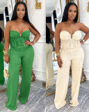 Women Strapless Ruch Jumpsuits Green Apricot S-2XL