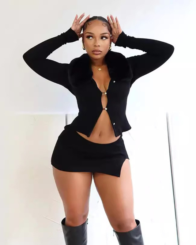 Autumn Long Sleeve Fur Neck Sexy Two Piece Skirt Set S-L