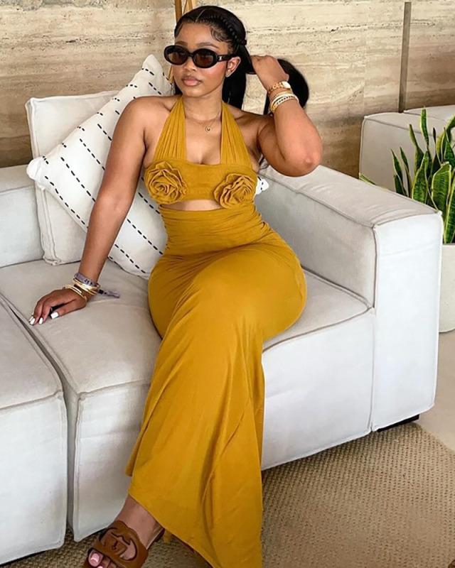 3D Flower Women Solid Color Long Dress S-L