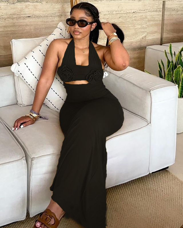 3D Flower Women Solid Color Long Dress S-L