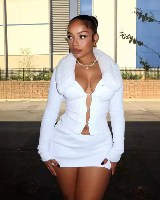 Autumn Long Sleeve Fur Neck Sexy Two Piece Skirt Set S-L