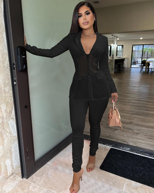 Long Sleeve Office Lady Two Piece Pant Set S-XXL