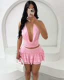 Solid Color Deep V-neck Hot Two Piece Skirt Set S-L