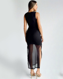 Sleeveless Women Black Mesh Long Dress S-L