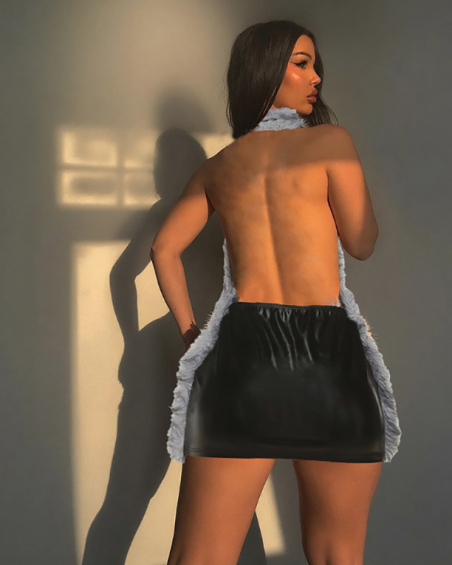 Open Back Sleeveless Fur Leather Dress S-L