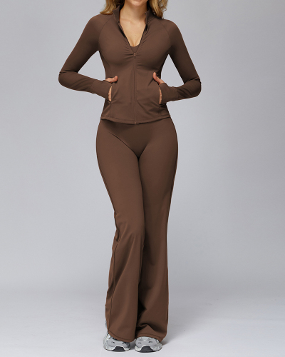 Women Long Sleeve Coat Wide Leg Pants Yoga Two-piece Sets S-XL