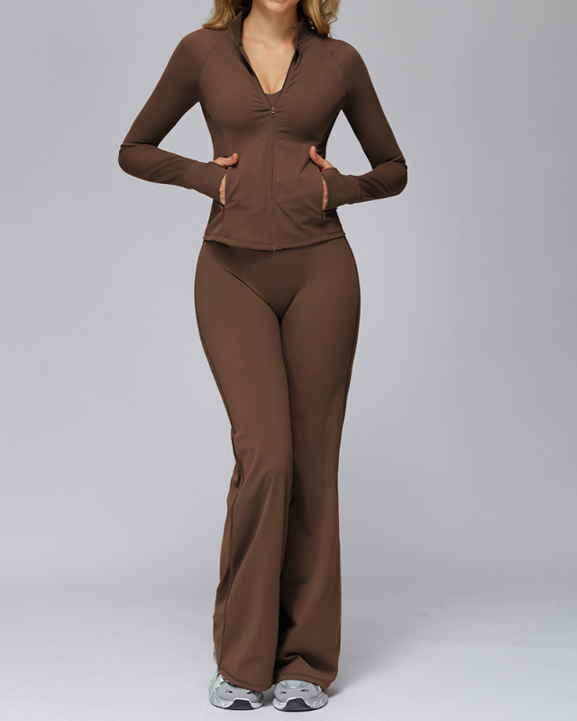 Women Long Sleeve Coat Wide Leg Pants Yoga Two-piece Sets S-XL