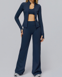 Women Long Sleeve Coat Wide Leg Pants Yoga Two-piece Sets S-XL