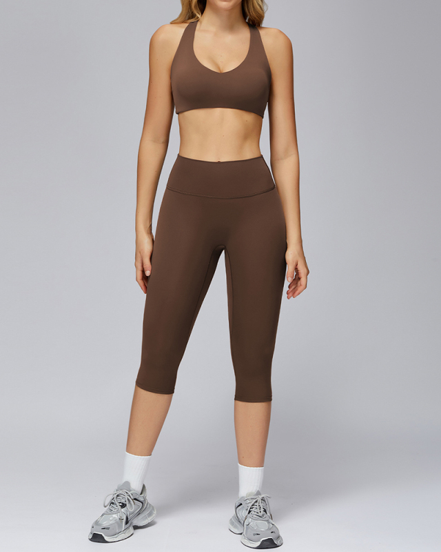 Women V-Neck Bra Capri Leggings Yoga GYM Two-piece Sets S-XL
