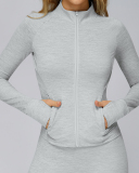 Brushed Long-Sleeved Zipper Pocket Quick-Drying Tights Outdoor Sports Running Jacket S-XL