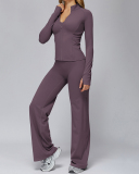 Women Long Sleeve Coat Wide Leg Pants Yoga Two-piece Sets S-XL