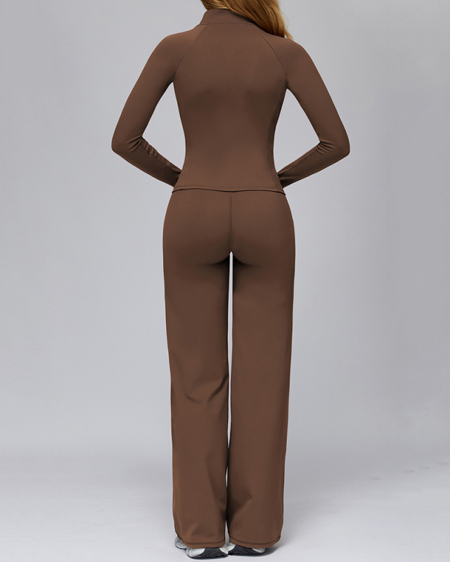 Women Long Sleeve Coat Wide Leg Pants Yoga Two-piece Sets S-XL