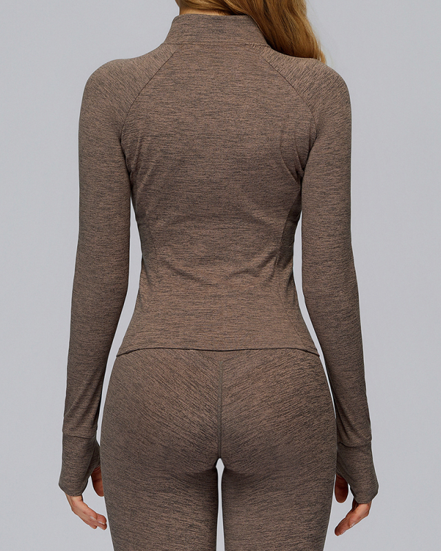 Brushed Long-Sleeved Zipper Pocket Quick-Drying Tights Outdoor Sports Running Jacket S-XL