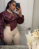 Solid Color Women PU Short Jacket Coat S-XL