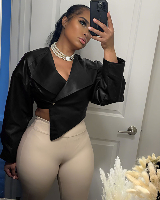 Solid Color Women PU Short Jacket Coat S-XL