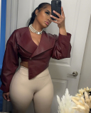 Solid Color Women PU Short Jacket Coat S-XL