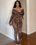 Long Sleeve Leopard Printed Two Piece Pant Set S-L