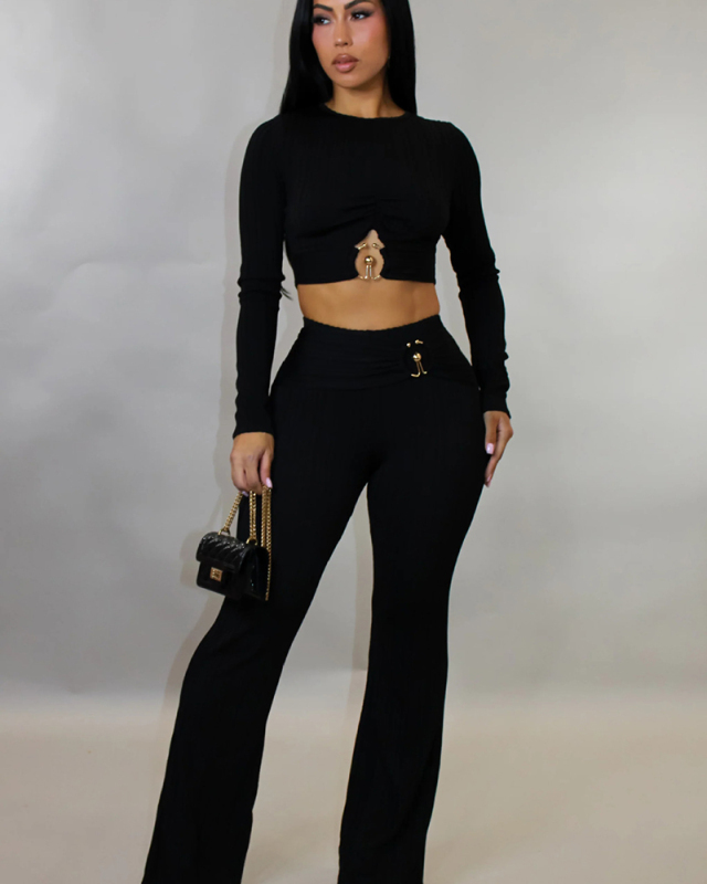 Long Sleeve Ladies Short Top With Long Pants S-XXL