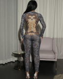 Long Sleeve Printed Mesh Women Jumpsuit S-L