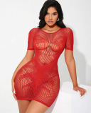 Short Sleeve Fishnet Women Red Xmas Dress One Size