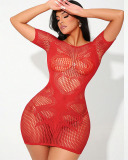 Short Sleeve Fishnet Women Red Xmas Dress One Size
