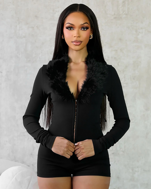 Black Long Sleeve Fur Zip Jumpsuit S-L