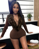 Long Sleeve Fur Women Short Jumpsuit S-L