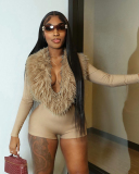 Long Sleeve Fur Women Short Jumpsuit S-L