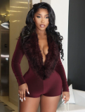Long Sleeve Fur Women Short Jumpsuit S-L