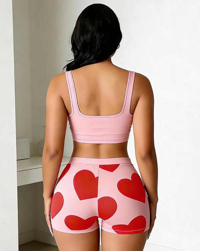 Love Heart Women Printed Cute Two Piece Short Set S-L