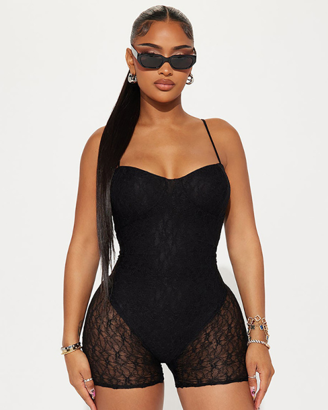 Black Lace Women Wholesale Short Jumpsuit S-L